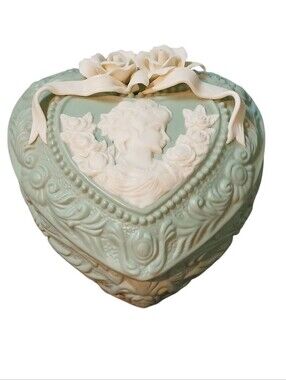 Vintage Ceramic & Faux Ivory Roses & Ladies Bust Jewelry Box Shaped Like A Heart